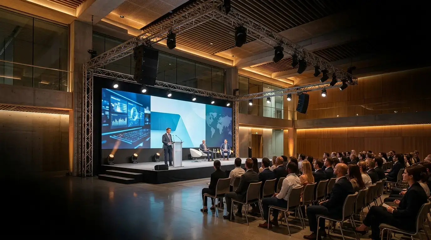 Corporate conference with integrated audio, video, professional stage and event lighting production
