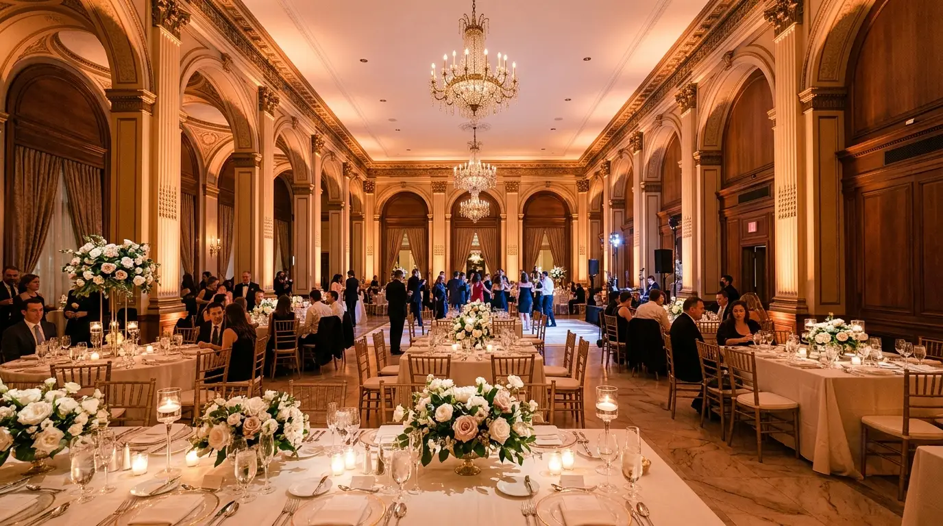 Elegant ballroom architecture transformed by professional warm uplighting