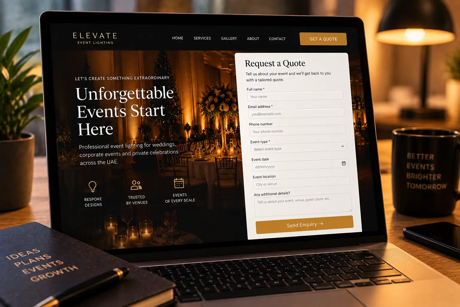 Enquiry form on an event lighting website