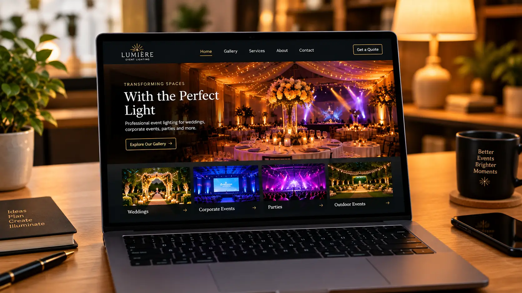 Event lighting website gallery on a laptop