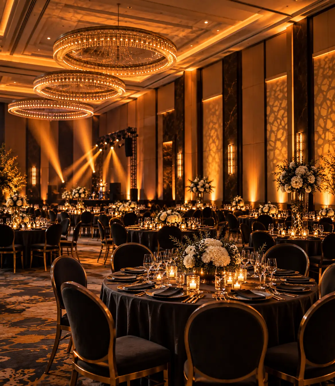 Professional event lighting installation inside a premium venue
