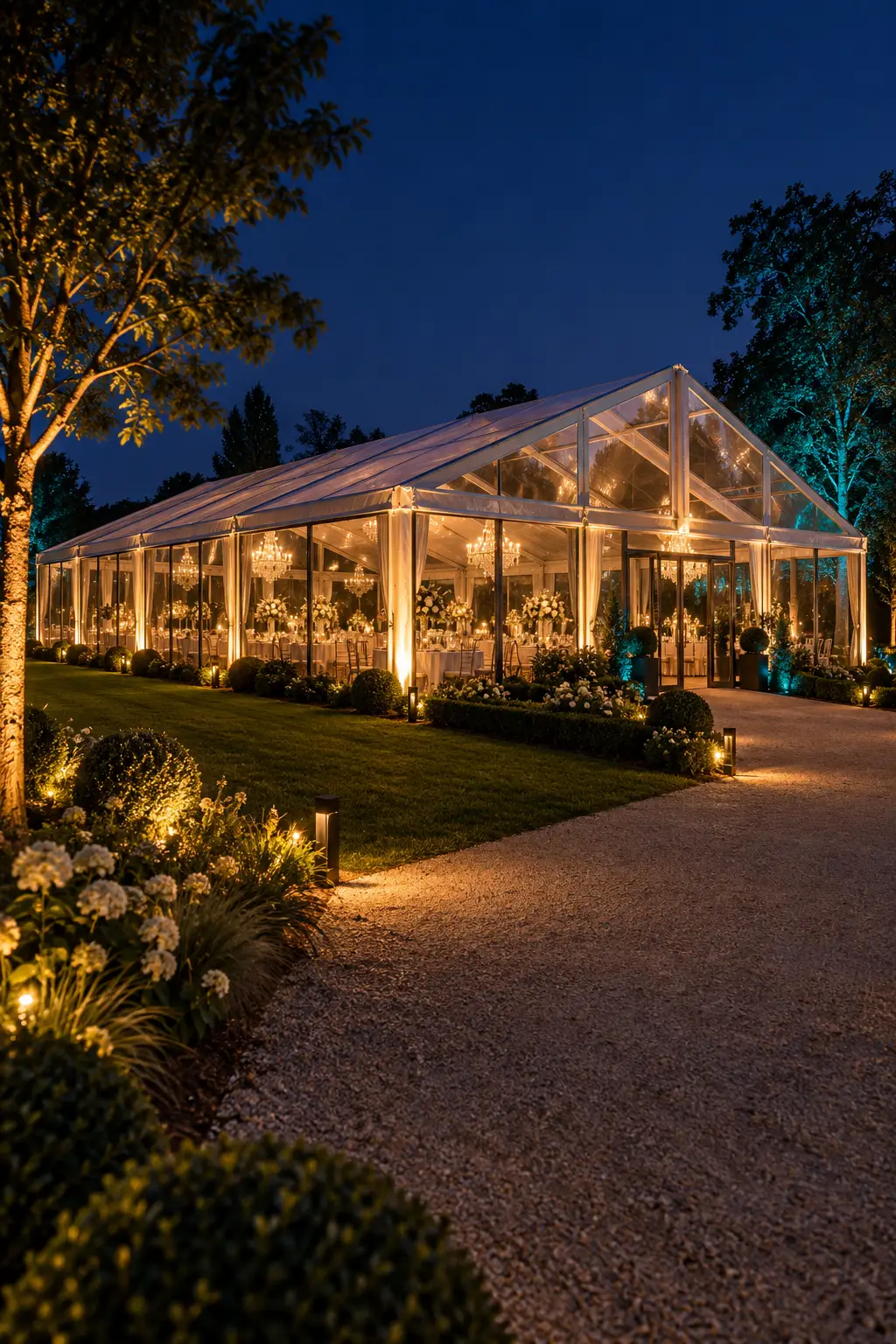 Coloured architectural lighting on an event marquee at night