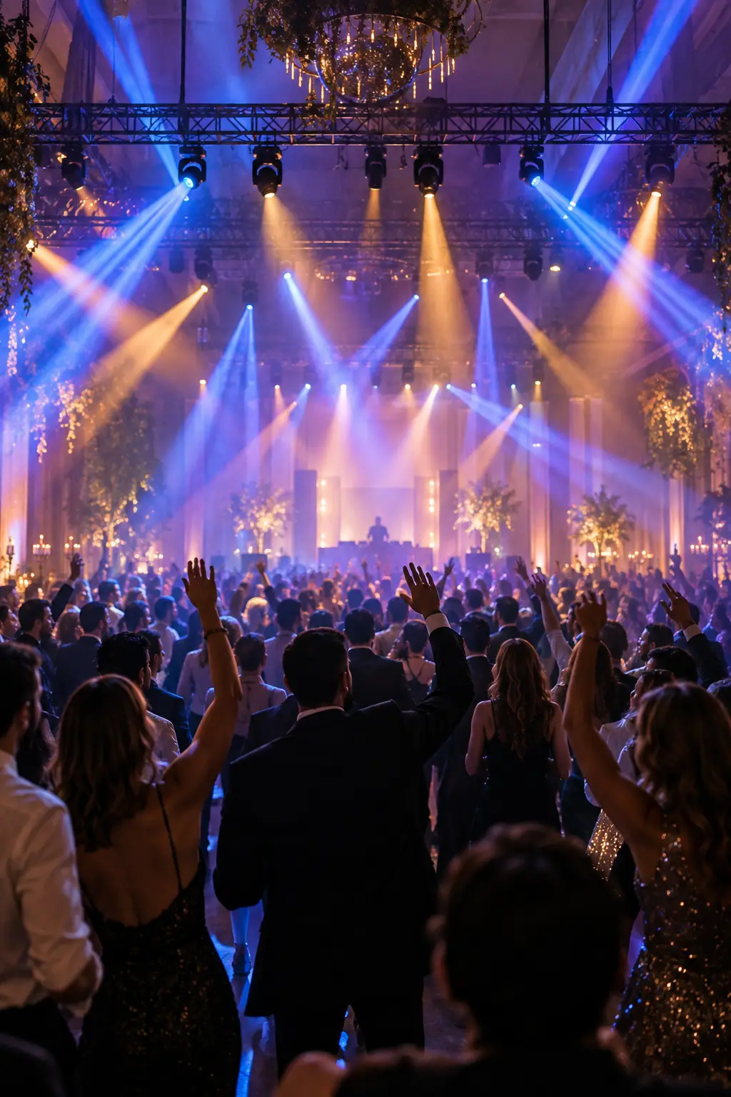 Colourful lighting over a dancing crowd at a live event