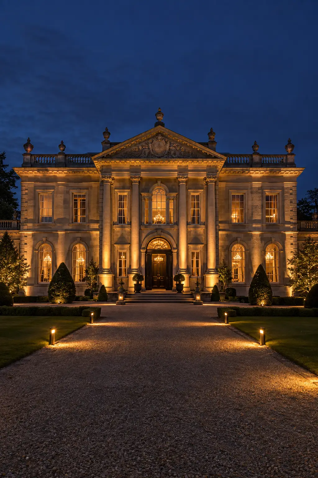 Architectural lighting accents on a building at night